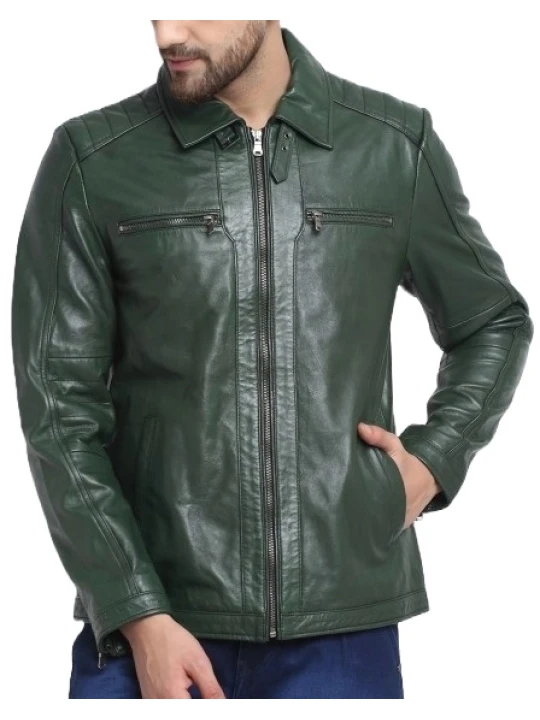 Quilted Shoulder Green Leather Jacket