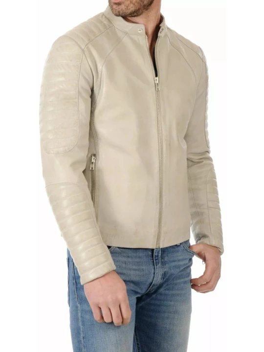 Quilted Sleeve Off White Leather Jacket