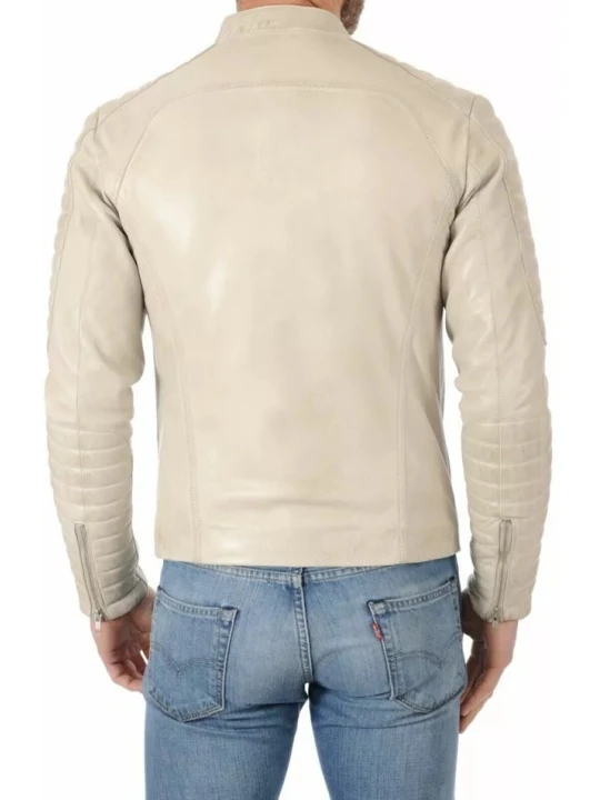 Quilted Sleeve Off White Leather Jacket