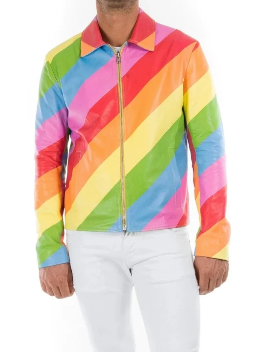 Rainbow Color Patched Leather Jacket