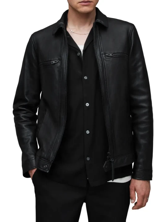 Shirt Collar Black Leather Jacket