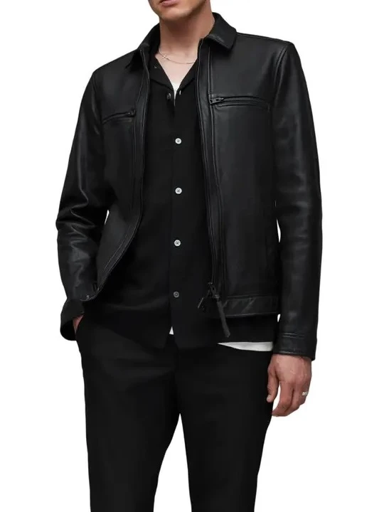 Shirt Collar Black Leather Jacket