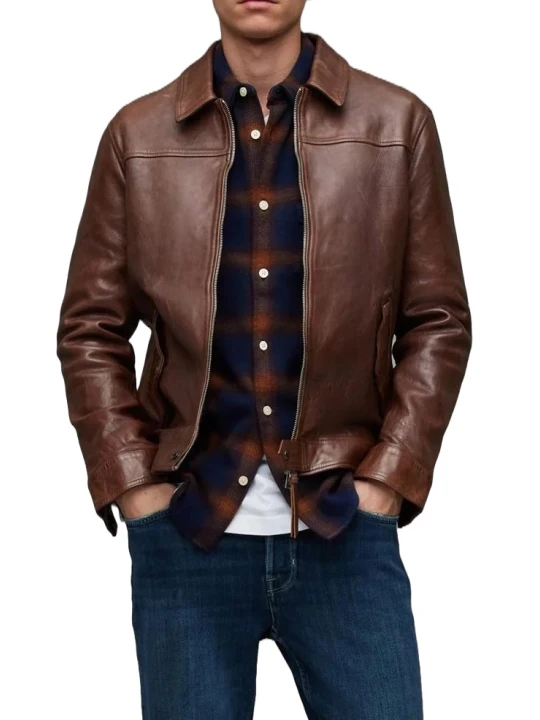 Shirt Collar Brown Leather Jacket