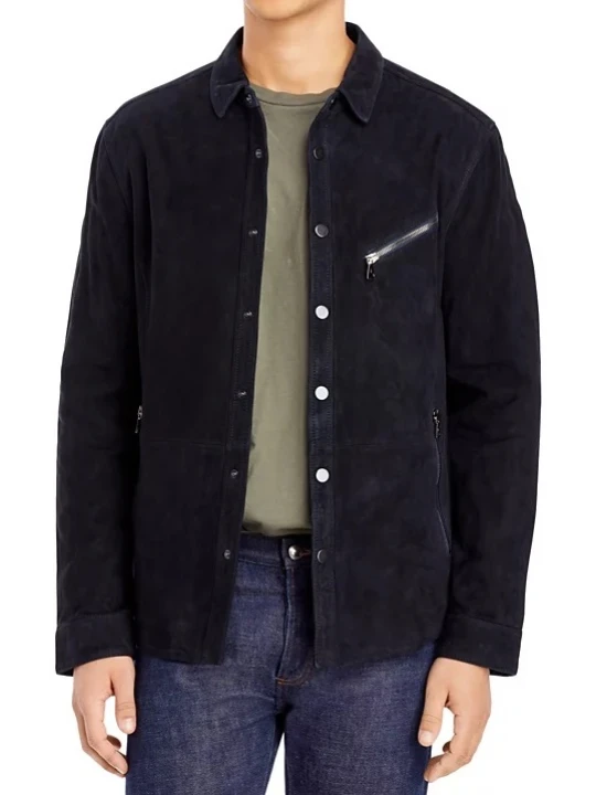 Shirt Collar Navy Blue Suede Leather Jacket 