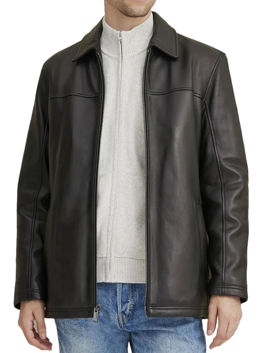 Shirt Style Collar Black Leather Jacket