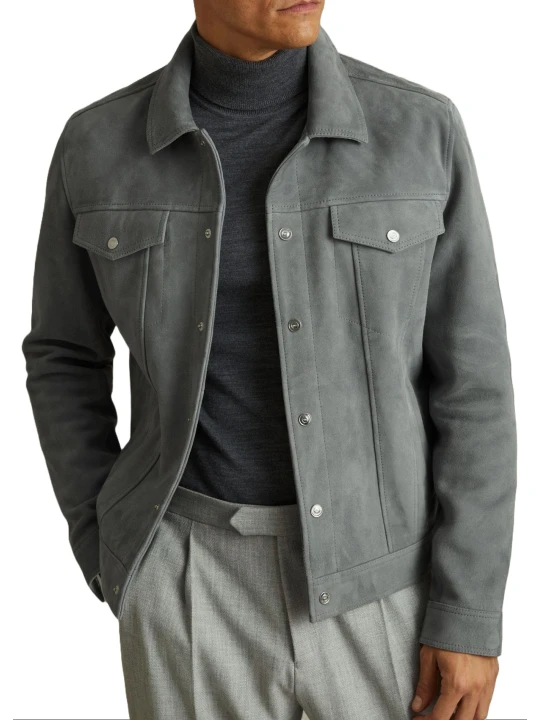 Grey Suede Leather Zip Through Trucker Jacket