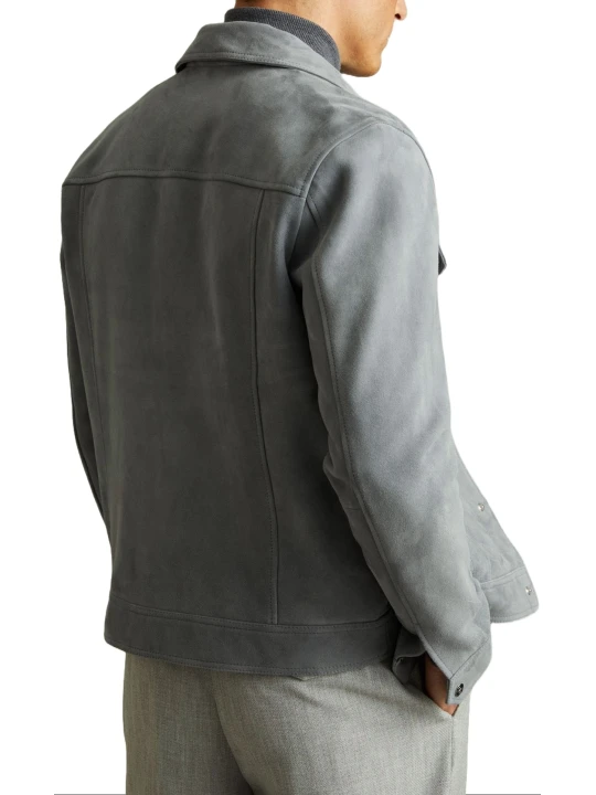 Grey Suede Leather Zip Through Trucker Jacket