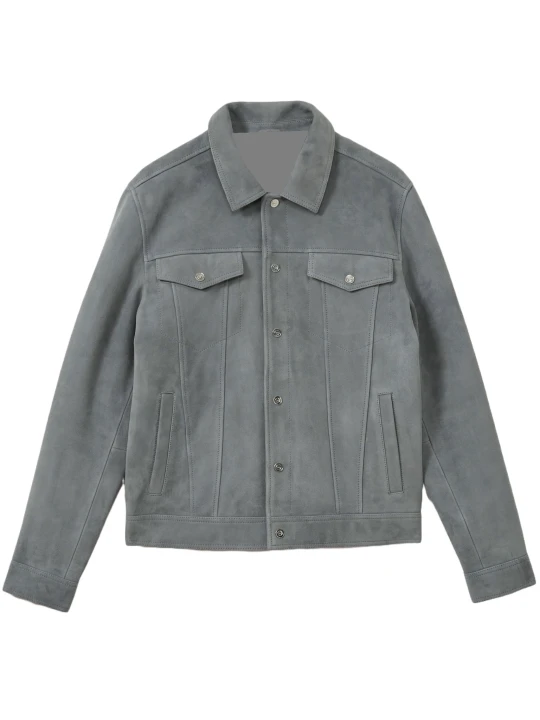 Grey Suede Leather Zip Through Trucker Jacket