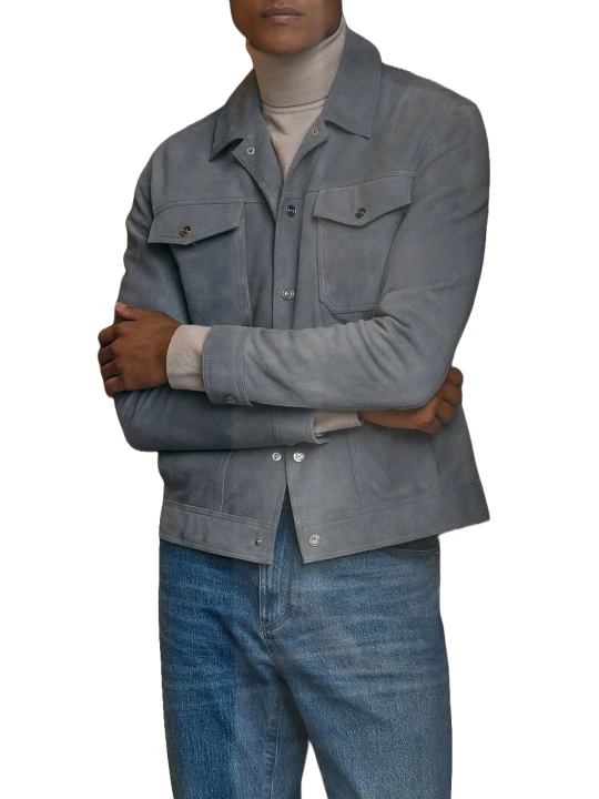 Grey Suede Leather Zip Through Trucker Jacket