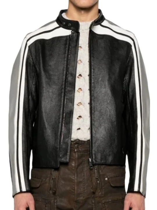 Sleek Black Leather Jacket for Men with White Stripes