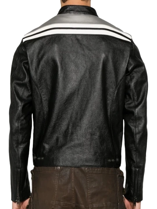 Sleek Black Leather Jacket for Men with White Stripes