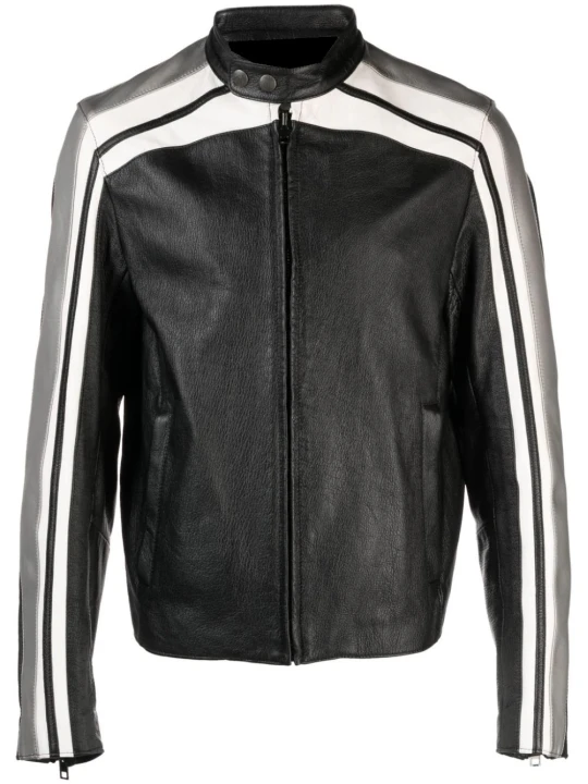 Sleek Black Leather Jacket for Men with White Stripes