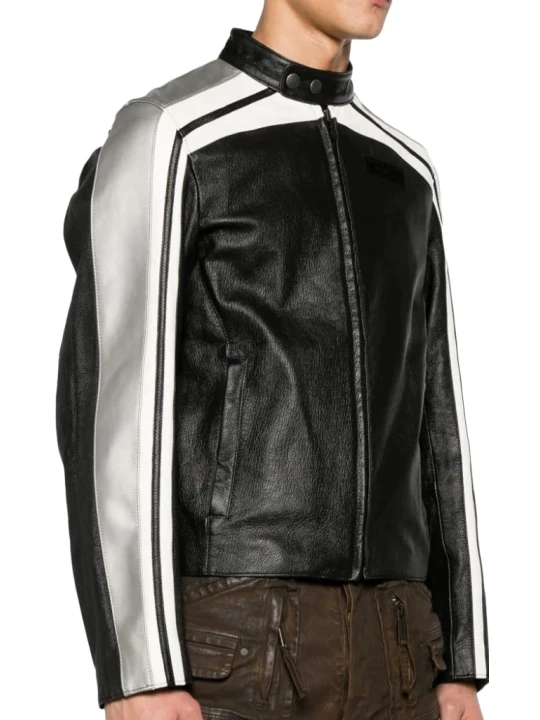 Sleek Black Leather Jacket for Men with White Stripes