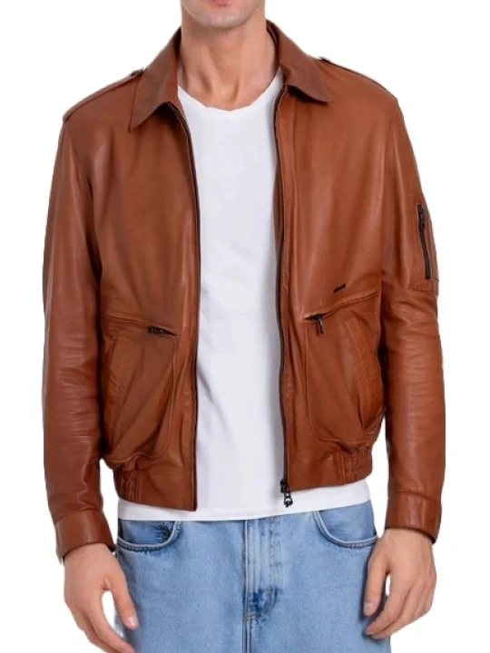 Sleeve Pocket Detail Tan Leather Jacket