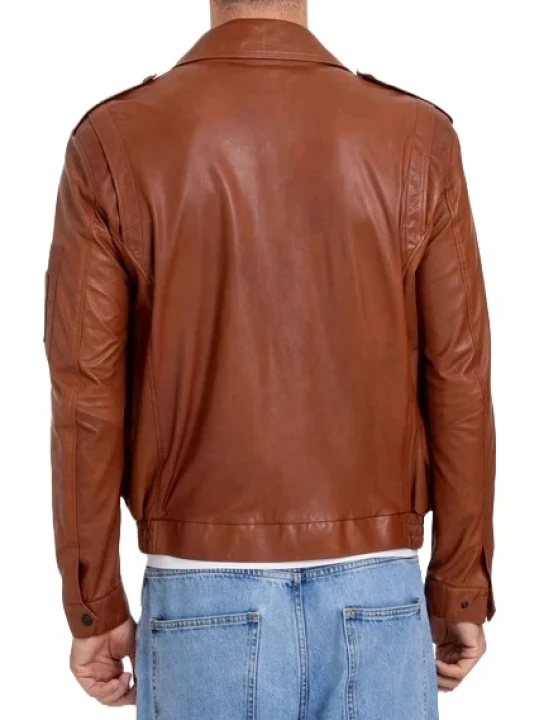 Sleeve Pocket Detail Tan Leather Jacket