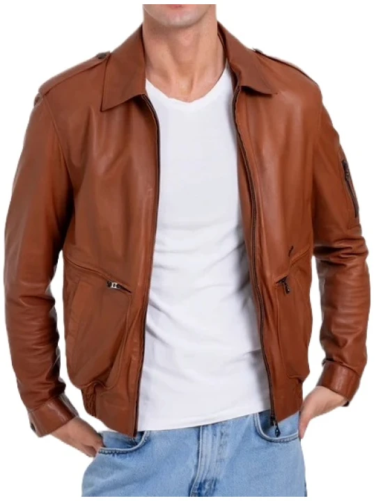 Sleeve Pocket Detail Tan Leather Jacket