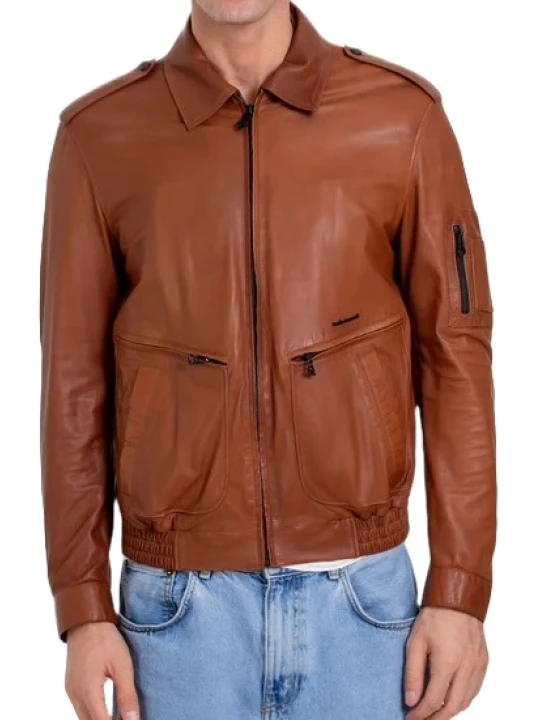 Sleeve Pocket Detail Tan Leather Jacket
