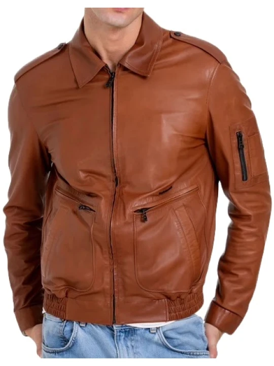 Sleeve Pocket Detail Tan Leather Jacket