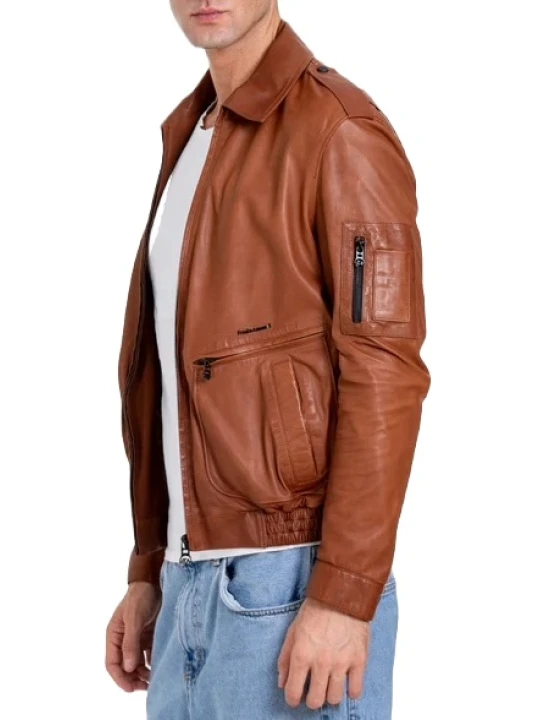 Sleeve Pocket Detail Tan Leather Jacket