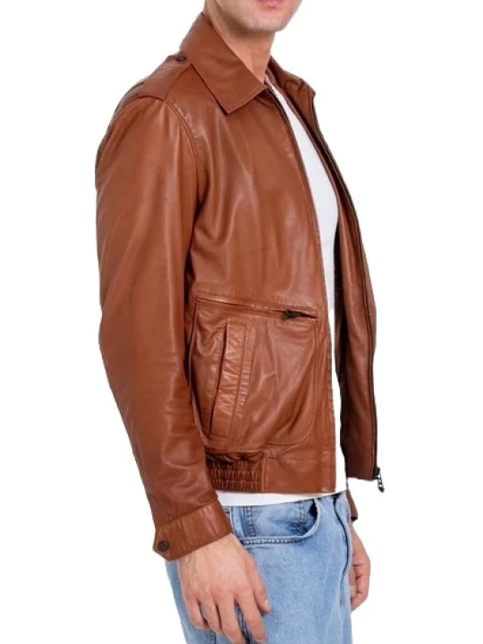 Sleeve Pocket Detail Tan Leather Jacket