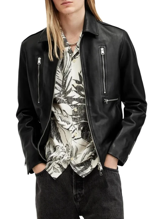 Spread Collar Black Leather Jacket