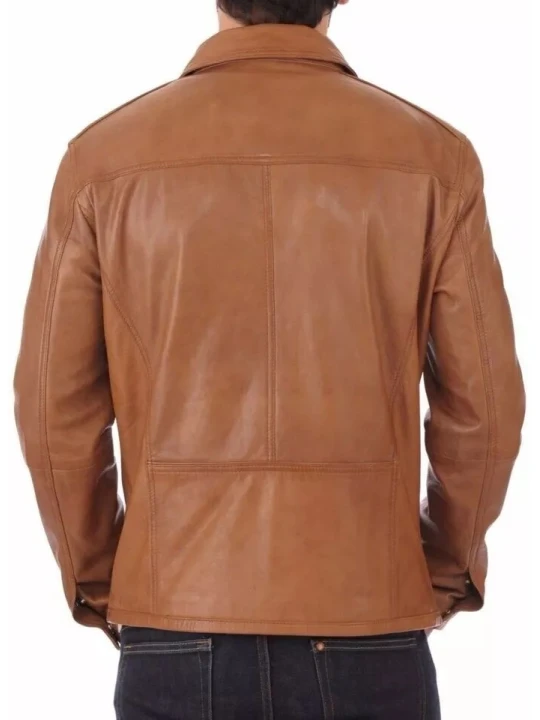 Spread Collar Brown Leather Jacket