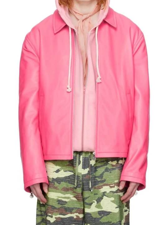 Spread Collar Pink Leather Jacket
