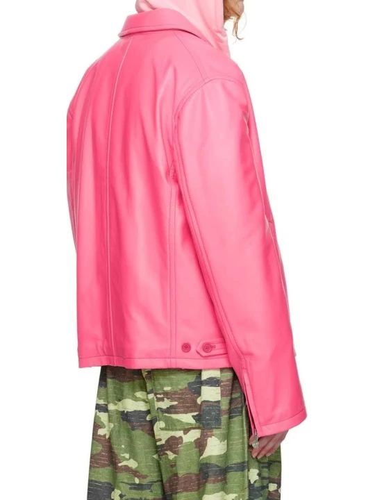 Spread Collar Pink Leather Jacket