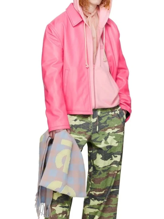 Spread Collar Pink Leather Jacket