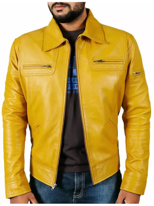 Spread Collar Yellow Leather Jacket