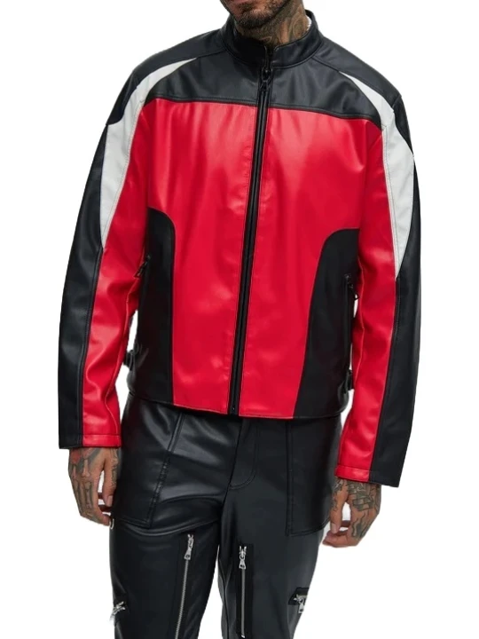 Stand Collar Red Black And White Leather Jacket