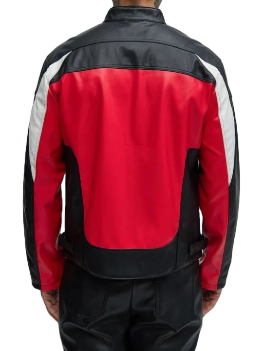 Stand Collar Red Black And White Leather Jacket