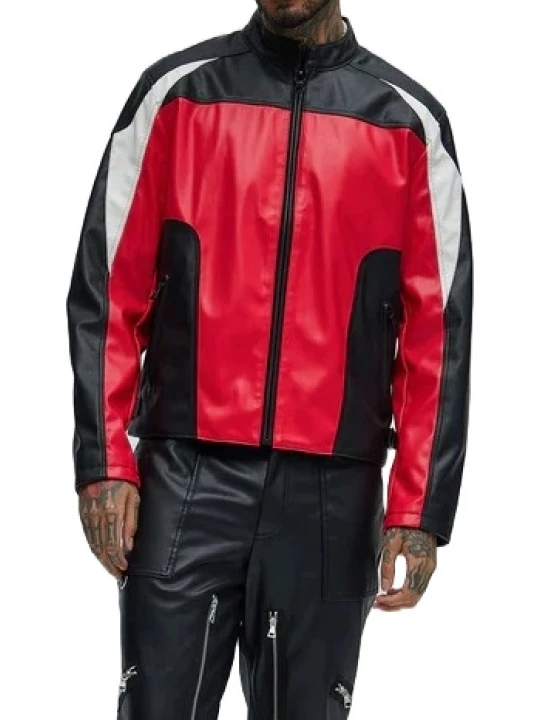 Stand Collar Red Black And White Leather Jacket