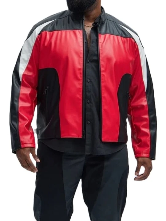 Stand Collar Red Black And White Leather Jacket