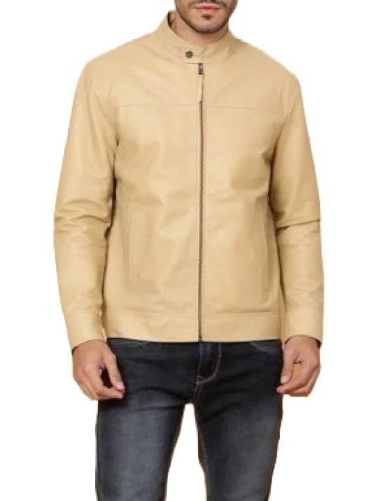Stand Up Collar Beige Leather Jacket