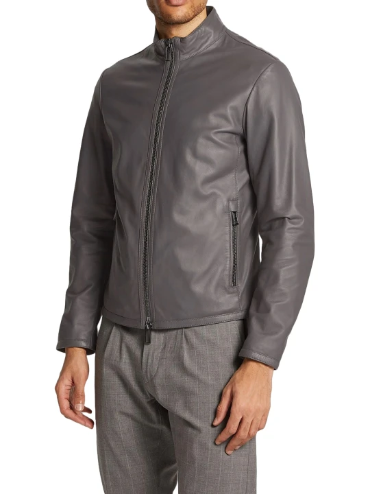 Stand Up Collar Grey Leather Jacket