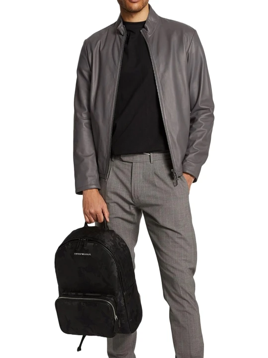 Stand Up Collar Grey Leather Jacket