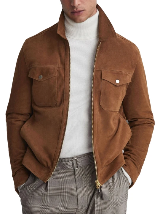 Tan Suede Leather Jacket With Flap Pockets