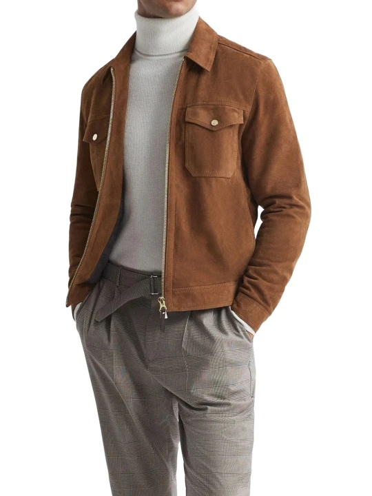 Tan Suede Leather Jacket With Flap Pockets
