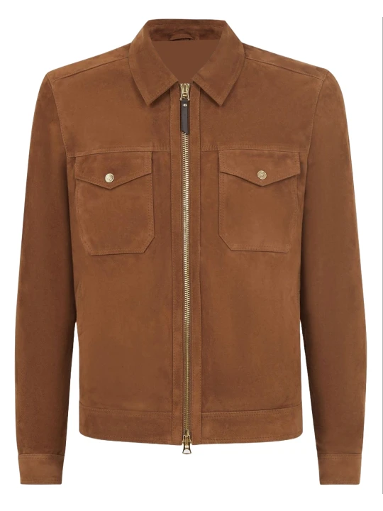 Tan Suede Leather Jacket With Flap Pockets