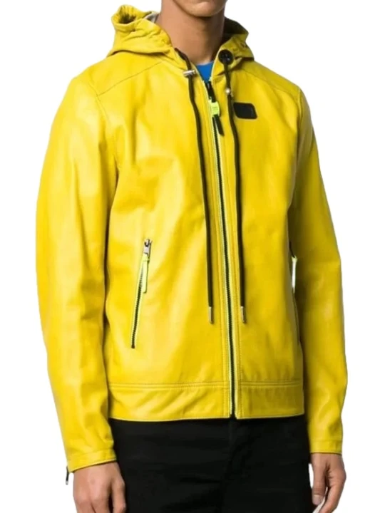 Yellow Leather Hooded Jacket