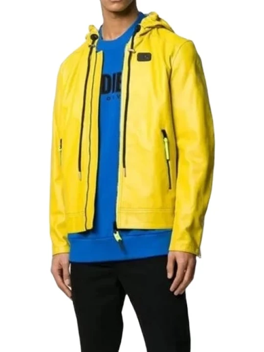 Yellow Leather Hooded Jacket