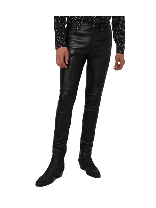 Men Bold Fashion Real Lambskin Black Leather Jeans