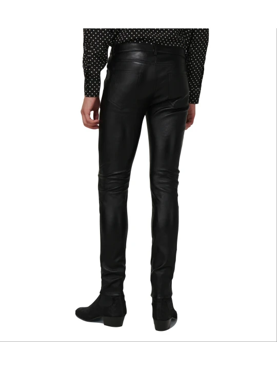 Men Bold Fashion Real Lambskin Black Leather Jeans