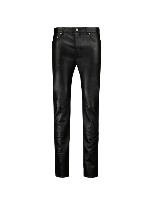 Men Bold Fashion Real Lambskin Black Leather Jeans