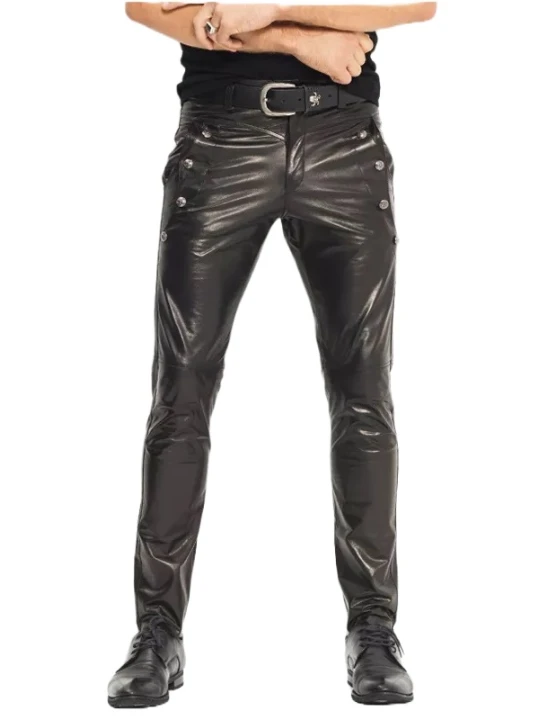Men Bold Fashion Wear Real Lambskin Black Leather Jeans