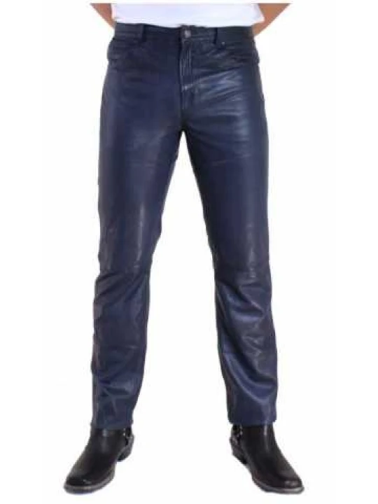 Men Country Look Real Lambskin Navy Blue Leather Jeans