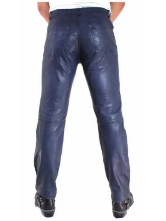 Men Country Look Real Lambskin Navy Blue Leather Jeans