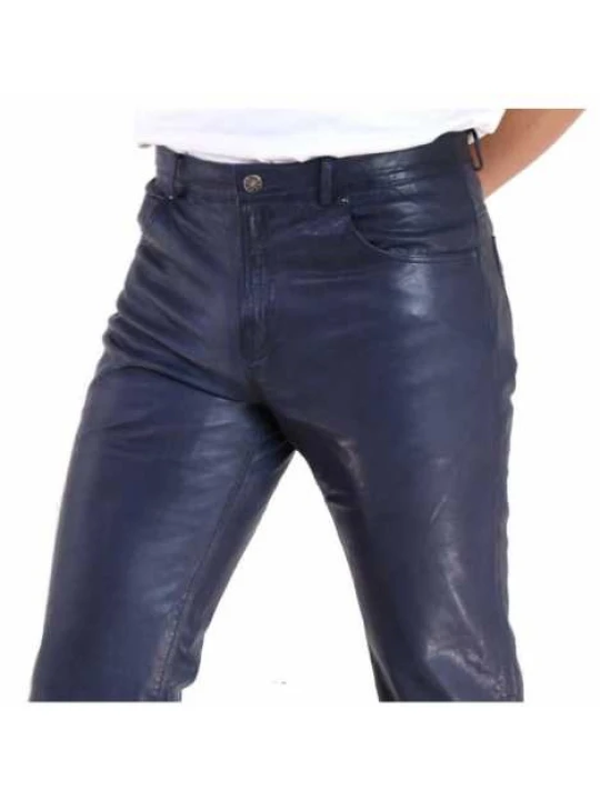 Men Country Look Real Lambskin Navy Blue Leather Jeans