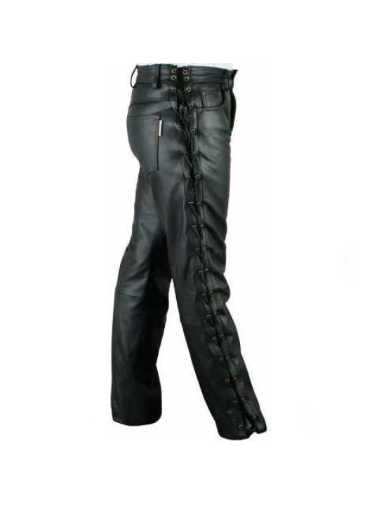 Men Side Lace-Up Real Lambskin Black Leather Jeans